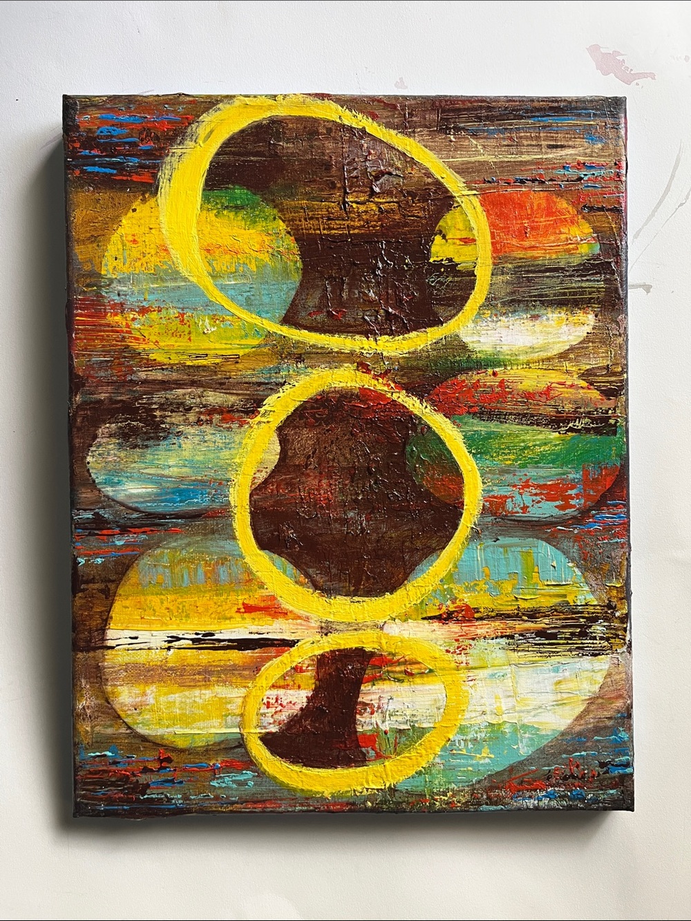 Abstract Yellow Ring Mixed-Color Canvas Wall Art | 11x14 Original Painting